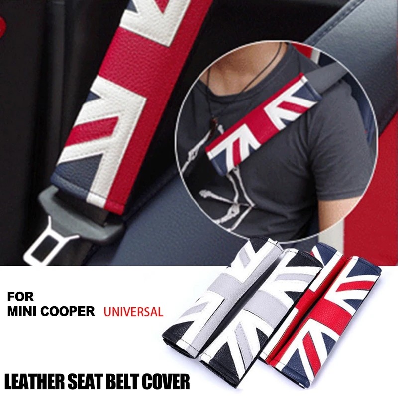 2 ชิ้น PU หนังเข็มขัดนิรภัยป้องกันไหล่ Pad ฝาครอบ Union Jack สําหรับ Mini Cooper F55 F56 F60 R55 R56