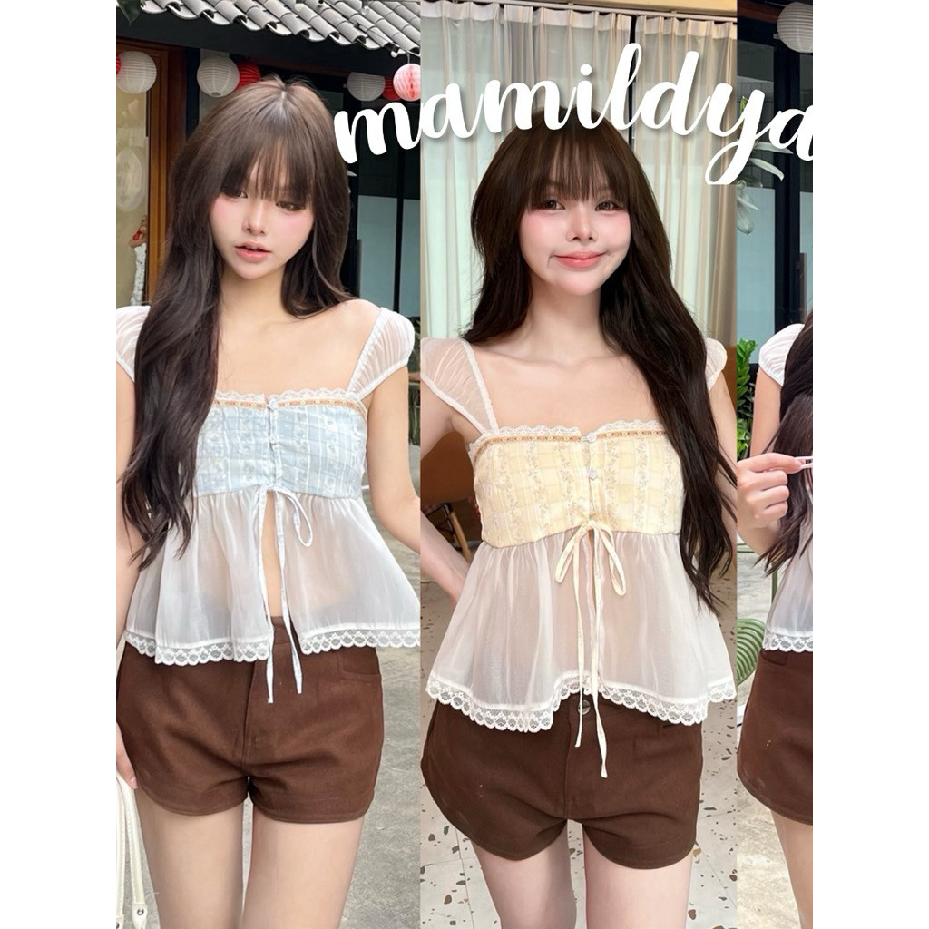 ป้ายNUSA🌟 เสื้อสายเดี่ยว แต่งลูกไม้/ /NUSA-ผ่าบาง