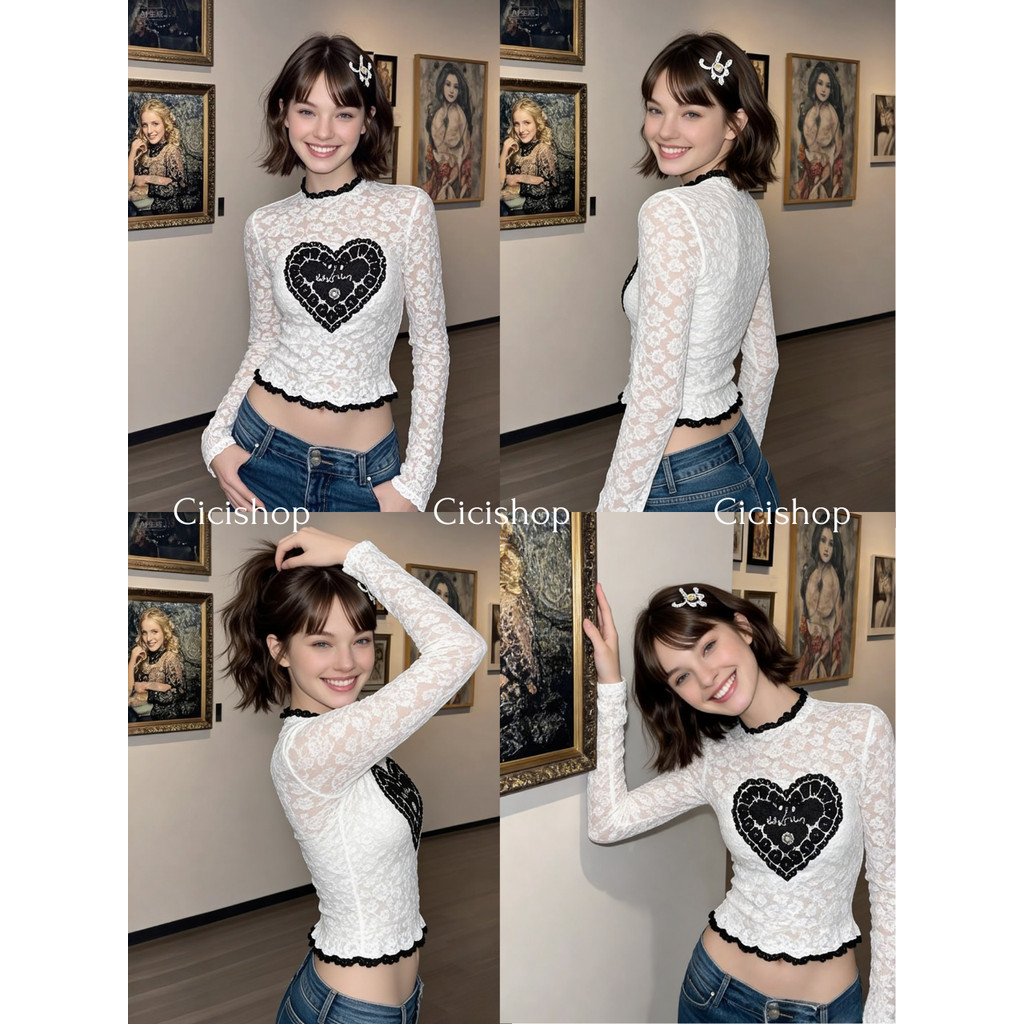 Cicishop(J2378)  เสื้อแขนยาวปักฉลุลูกไม้ซีทรู ลายหัวใจ สาวแฟชั่นผ้ายืด สไตล์เรโทร วาเลนไทน์