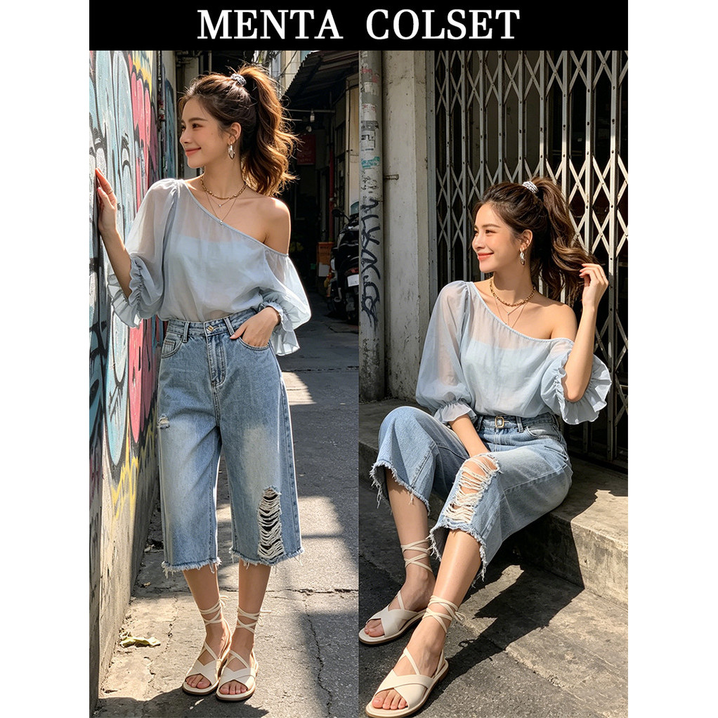 MentaCloset🖤กางเกงยีนส์ขากว้างขาสามส่วน ลายวินเทจy2k สีฟ้าล้าง ขาด+ขอบดิบ สไตล์เกาหลี ใส่สบาย ดูเพรียว S-5XL🎀6659-6661
