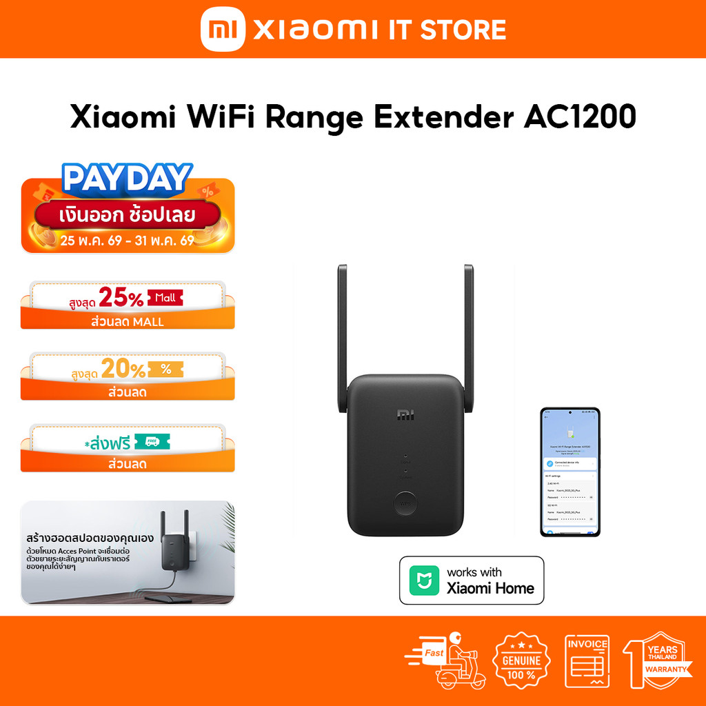 Xiaomi WiFi Range Extender AC1200 ขยายสัญญาณ WiFi I 1200Mbps รองรับ 5GHz I พอร์ต Ethernet I ไฟสถานะสัญญาณอัจฉริยะ