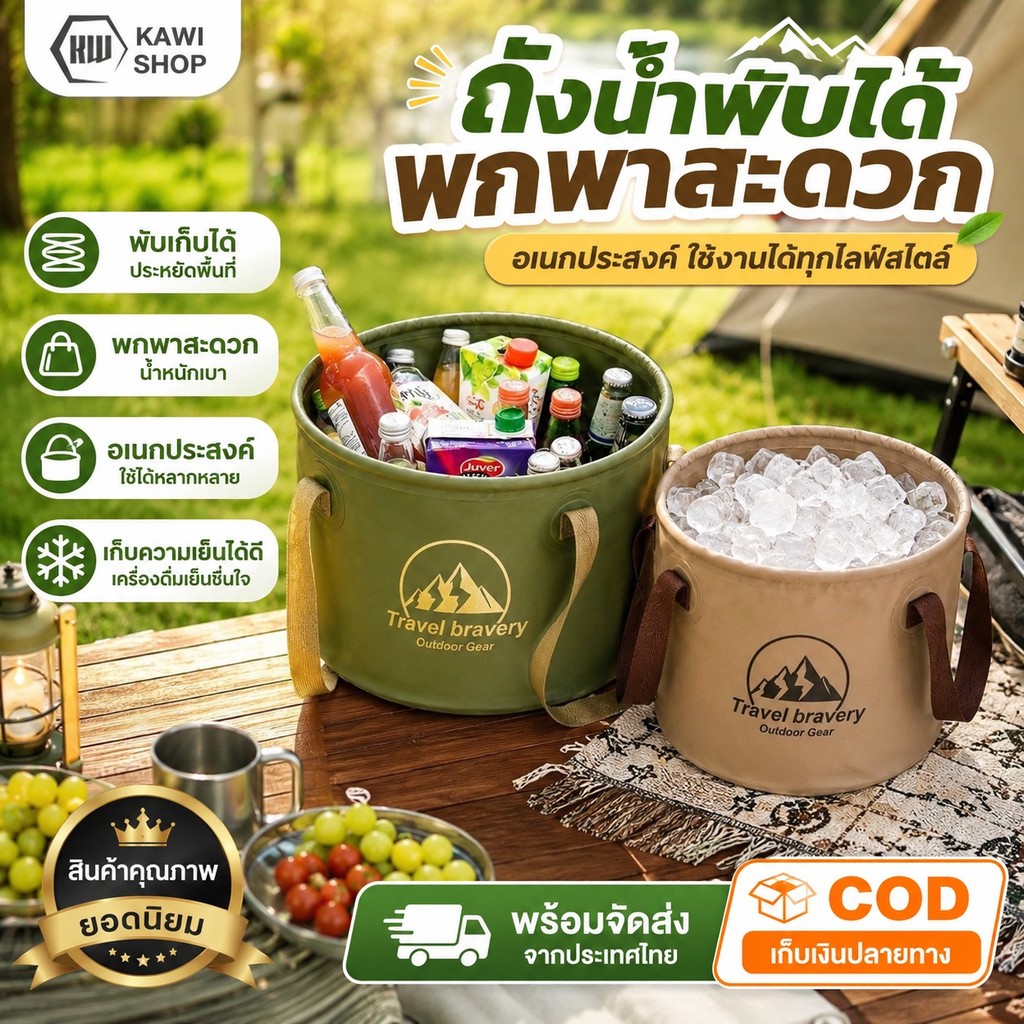 Kawi ถังเก็บน้ำพับได้ ถังพับกลางแจ้ง พกพาสะดวก พีวีซีกันน้ำ 5/10/20L ลิตร กลางแจ้ง ตั้งแคมป์
