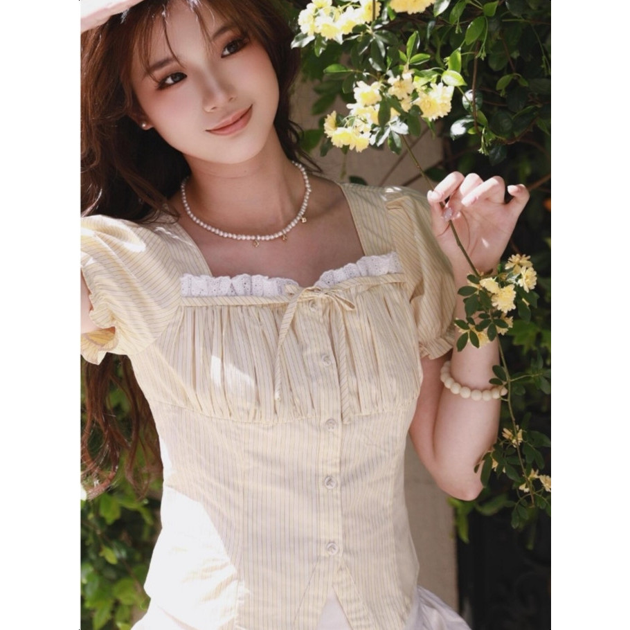 พร้อมส่ง✈️เสื้อเชิ้ตคอเหลี่ยมสีเหลืองสดใสลายทางฝรั่งเศสLovely Look