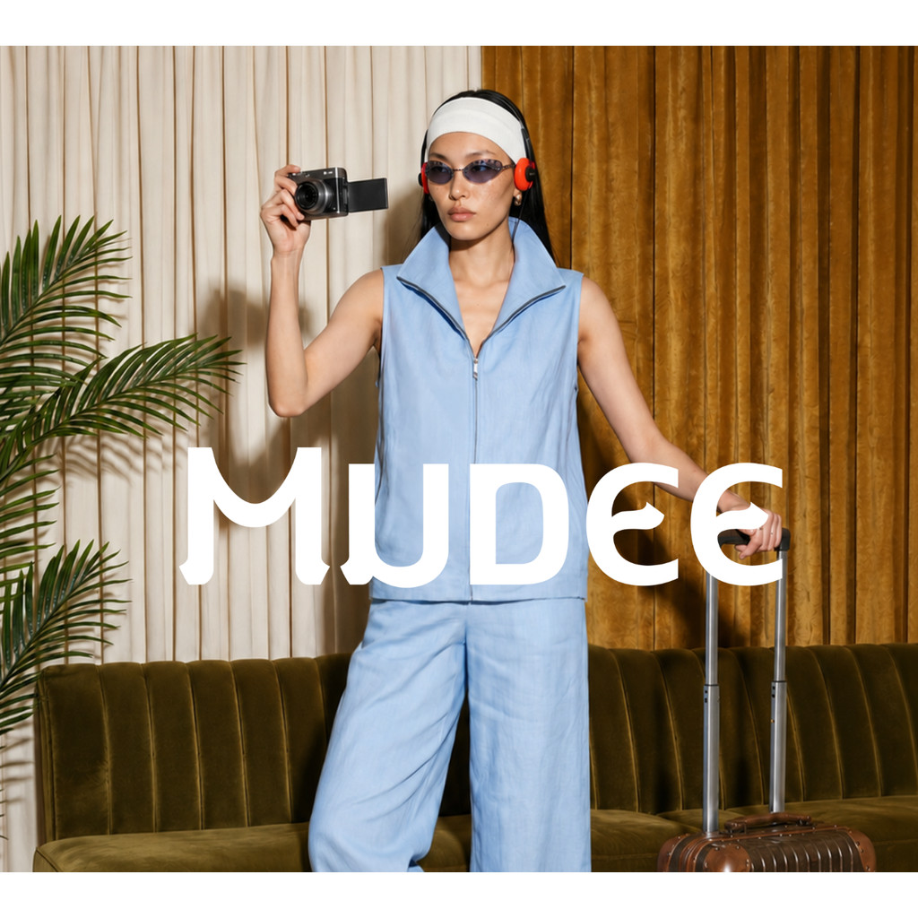 MUDEE เบลาส์ลินินแขนกุด ซิปหน้า สีฟ้า