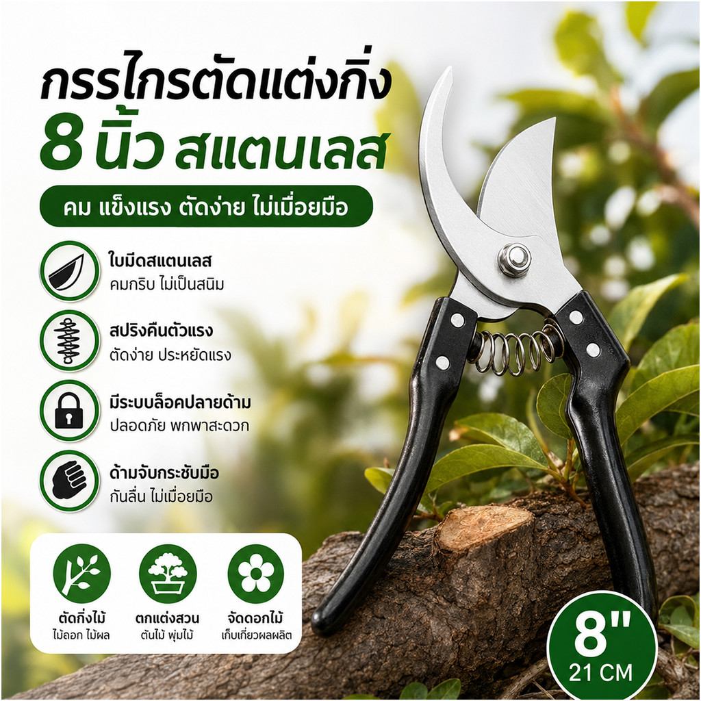 กรรไกรตัดกิ่งไม้ 8 นิ้ว สำหรับกิ่งไม้สด ไม้แห้ง กรรไกรแต่งกิ่ง สแตนเลส คมมาก ใช้งานง่าย อุปกรณ์ทำสวน