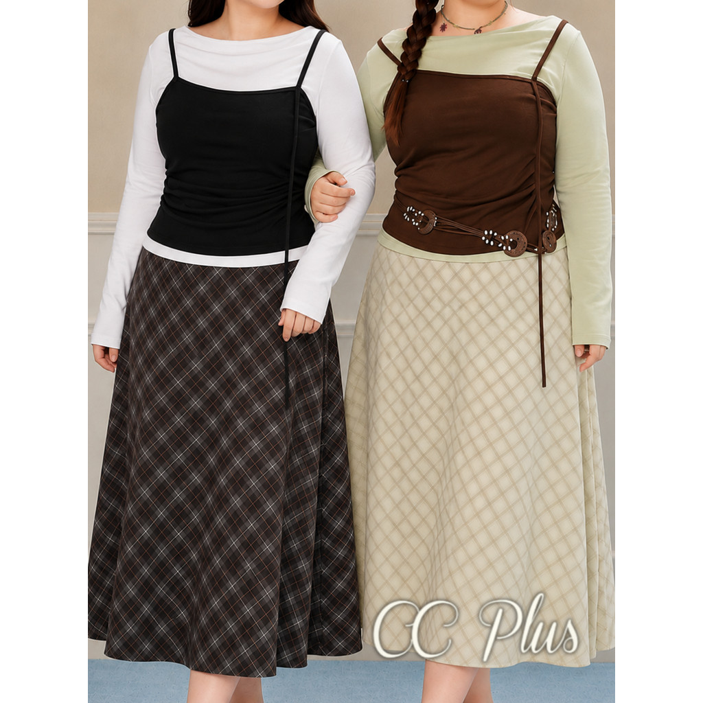 CiCi Plus+(J2769) เสื้อสาวอวบ ดีไซน์เหมือนใส่ 2 ตัว แขนยาว แต่งสีตัดกัน สไตล์เกาหลี พรางหุ่น ใส่แล้วดูผอม