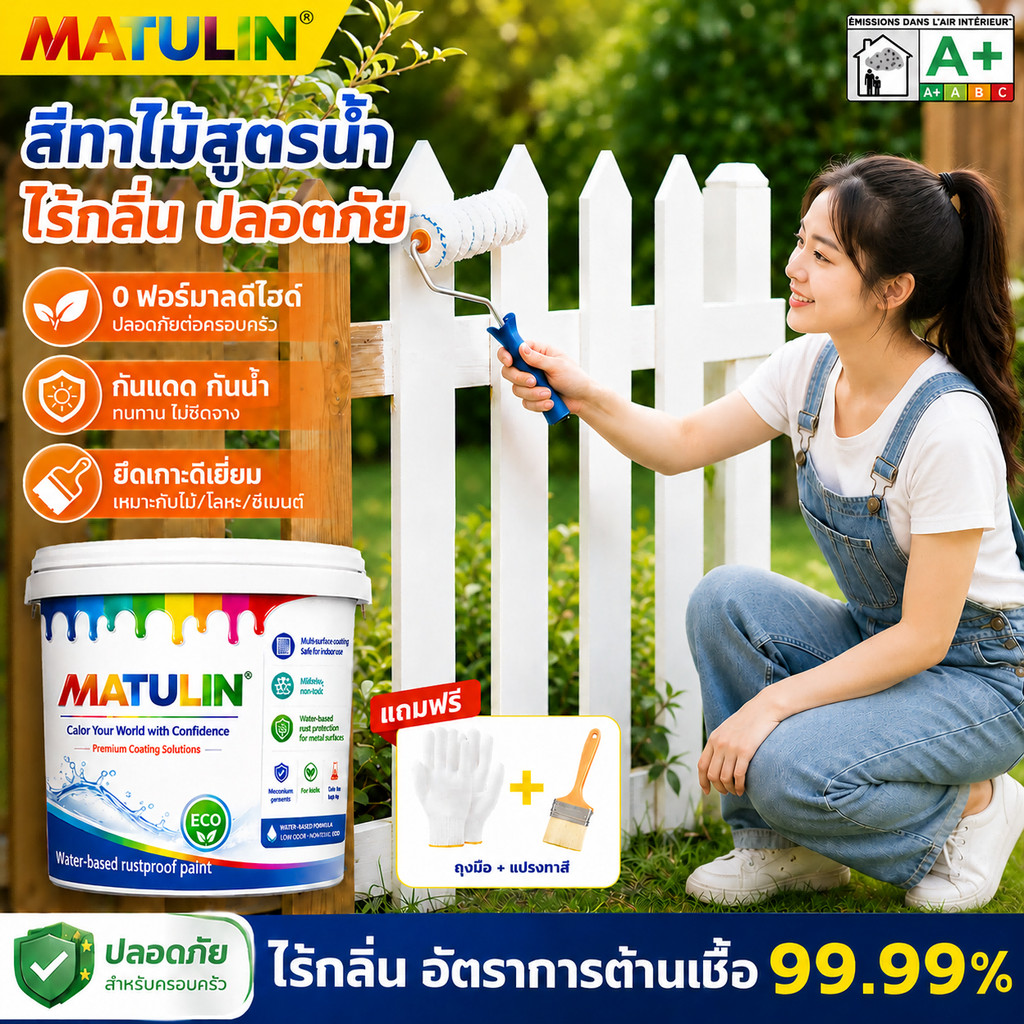 MATULIN สีทาไม้สูตรน้ำ กันน้ำกันแดด สูตรปลอดภัย ไร้กลิ่น 0 ฟอร์มาลดีไฮด์กันเชื้อรา ทนสภาพอากาศ DIY ตกแต่งบ้าน