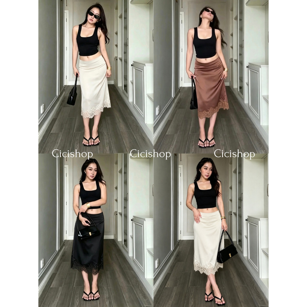 Cicishop(2621) กระโปรงมิดิทรงเอ แต่งลูกไม้ชายกระโปรง สไตล์สาวหวาน ลุคคุณหนู แฟชั่นฤดูร้อน