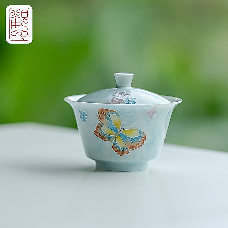 Arita-yaki Pure Hand-Painted Butterfly ฝาครอบชามชาเดี่ยวโมเดิร์น Simple ชาชามไม่ร้อน Kung Fu ชุดชา [