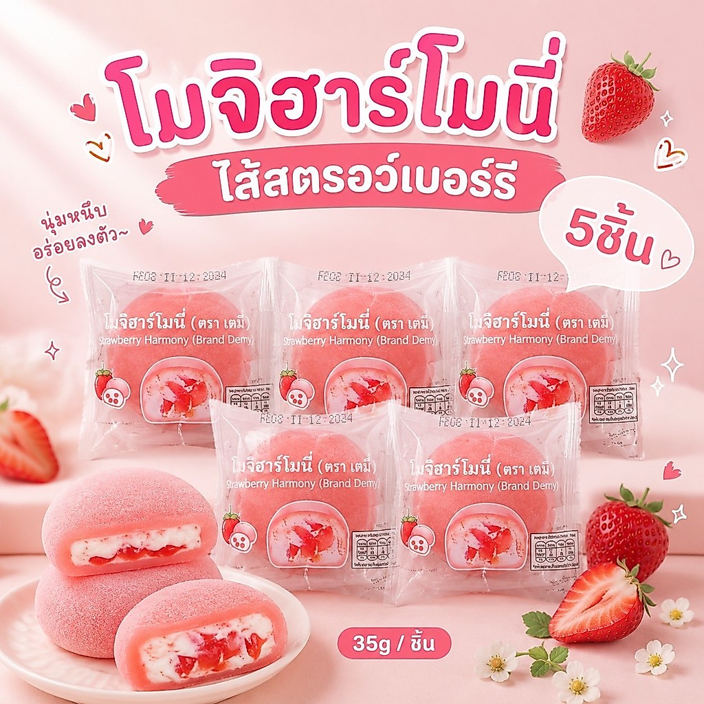 โมจิฮาร์โมนี่ สตรอว์เบอร์รี่ (เซ็ท5ชิ้น) ขนาดชิ้นละ 35g.