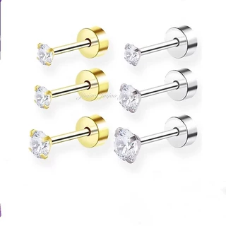 Jinjoo จิวต่างหู Single Dia Stud Earrings เรียบง่าย ขนาด 2,3,4 mm. สแตนเลส316 (แป้นแบน) รหัส JJ68