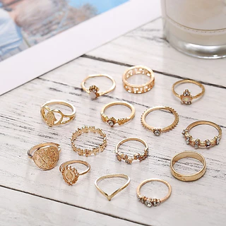 ในไทย💖แหวน15 ชิ้นเบงเกอแฟชั่นวินเทจหัวเหรียญทองข้ามดอกไม้หัวใจปาล์มเครื่องประดับของขวัญวันหยุดอุปกรณ์เสริม