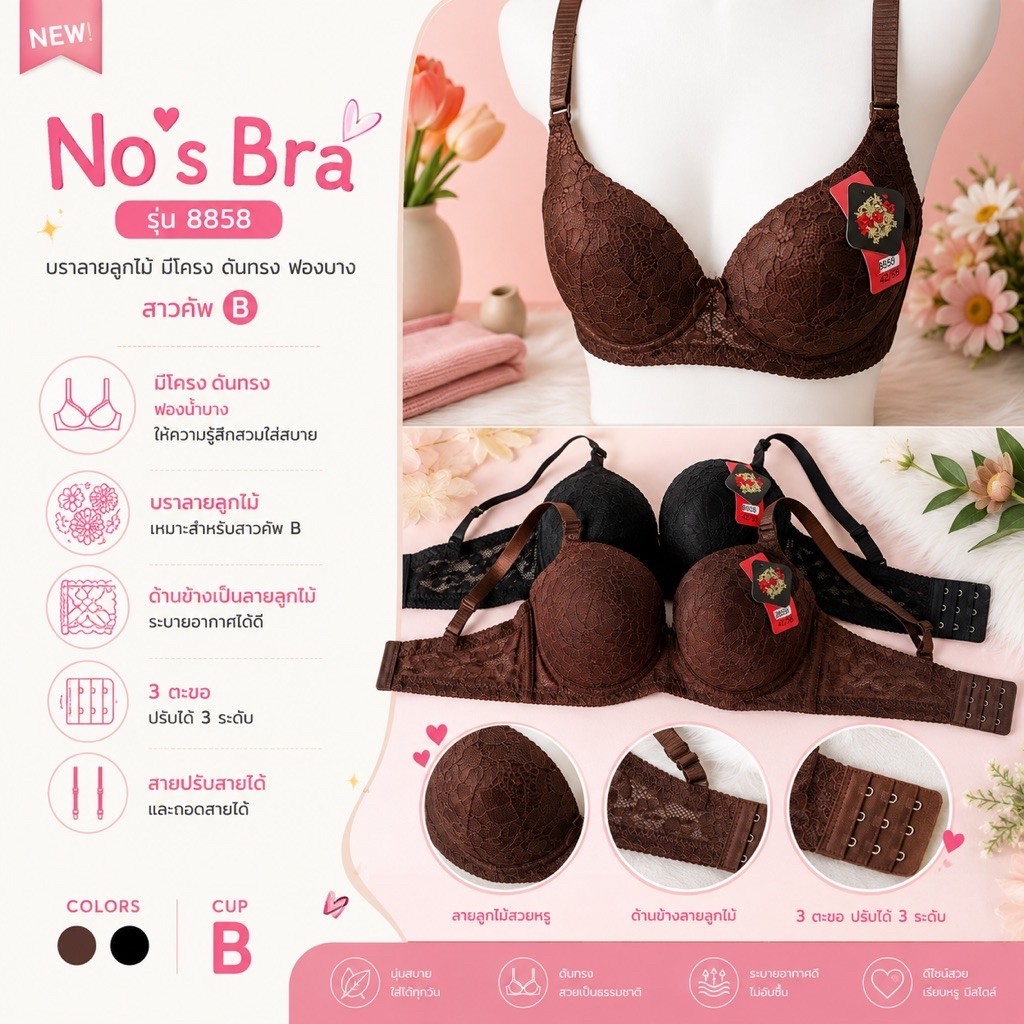 เสื้อชั้นใน No’s Bra รุ่น 8858 บราลายลูกไม้ มีโครง ดันทรง ฟองบาง (สาวคัพ B)