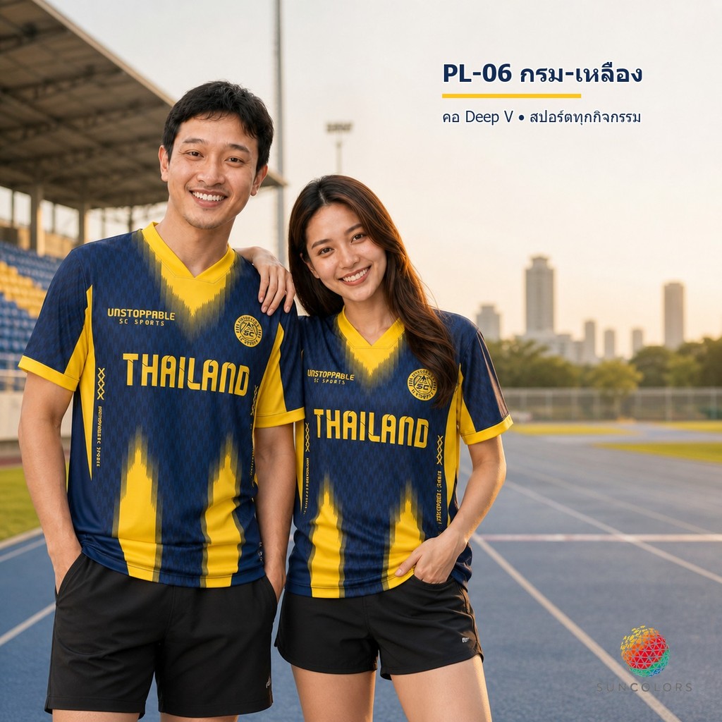 Suncolor mall เสื้อกีฬา พิมพ์ลายทั้งตัว  คอวีตัด ใส่วิ่ง เที่ยว หรือทำงานก็เท่ รุ่น PL-06-กรม-เหลือง