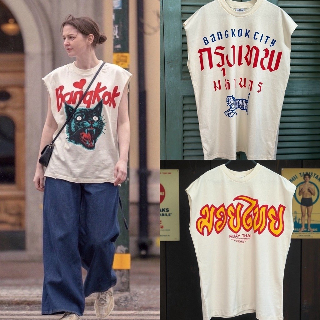 hmwe shop เสื้อยิด แขนกุด งานผ้าดิบ(ส่งฟรี )ทรง Oversizeลายวง ลายวินเทจ ลายน่ารักผ้าดี Sise อก 44-46" ยาว 29-30