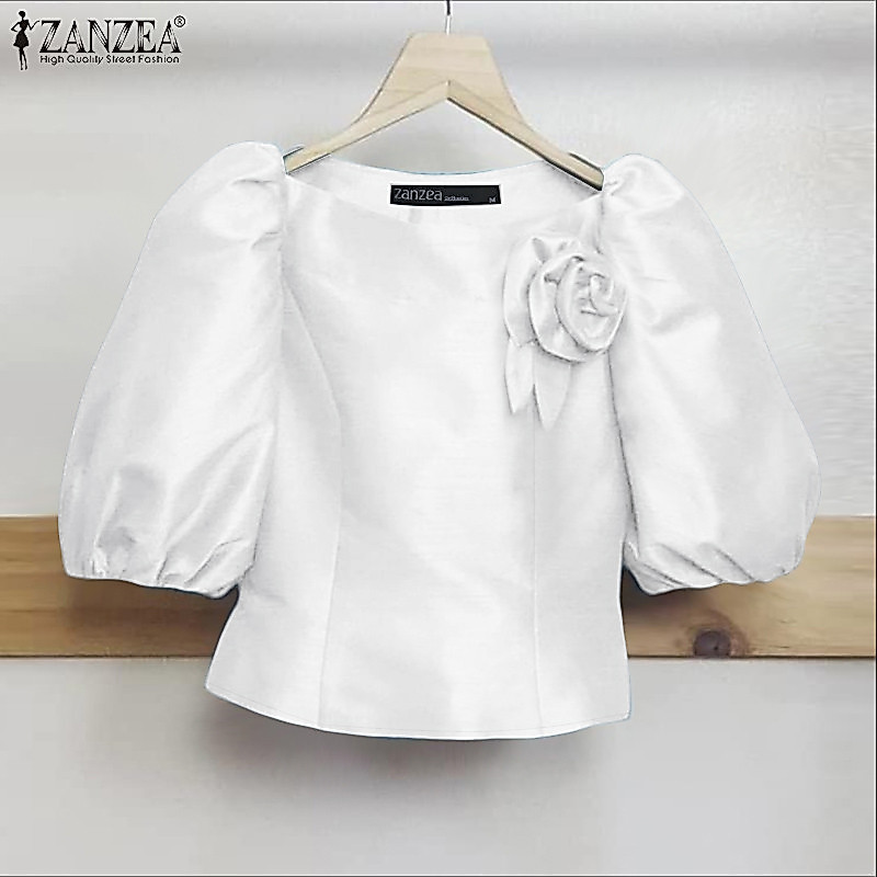 ZANZEA สไตล์เกาหลี กระโปรงแขนฟองและคอลลาเรอร์แบบเรือ ตกแต่งด้วยดอกไม้ 3D เสื้อครอปสำหรับผู้หญิง — صورة 4