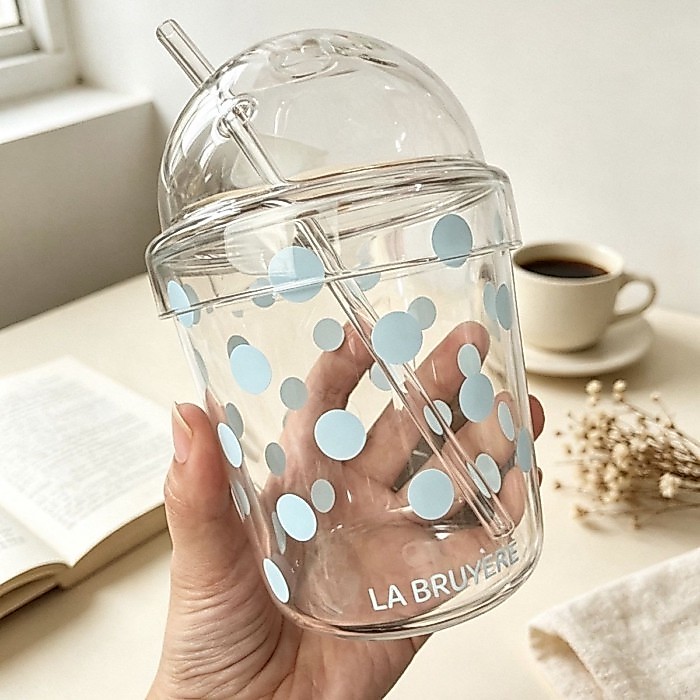 พร้อมฝาปิดลายจุดแก้วถ้วยกาแฟถ้วยน้ําผลไม้