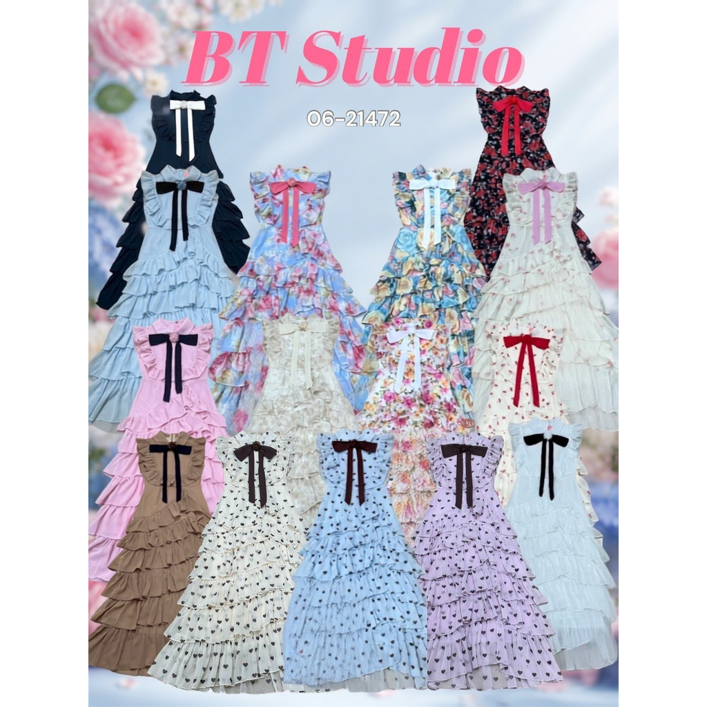 BT 06-21472 แม๊กซี่เดรสแขนกุดคอปกแต่งระบายช่วงแขน กระโปรงแต่งระบายเป็นชั้น มาพร้อมติดเข็มกลัดโบติดดอกไม้ มีซับใน