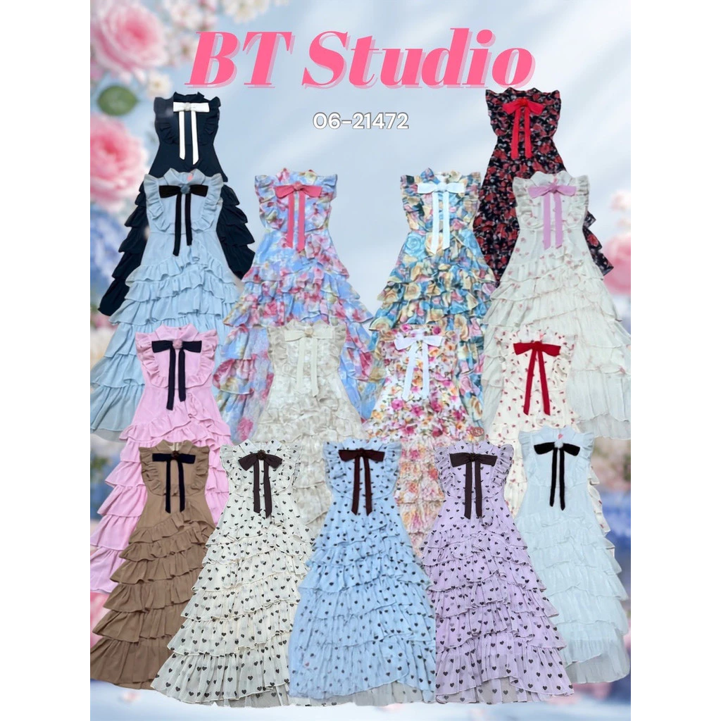 BT 06-21472 แม๊กซี่เดรสแขนกุดคอปกแต่งระบายช่วงแขน กระโปรงแต่งระบายเป็นชั้น มาพร้อมติดเข็มกลัดโบติดดอกไม้ มีซับใน