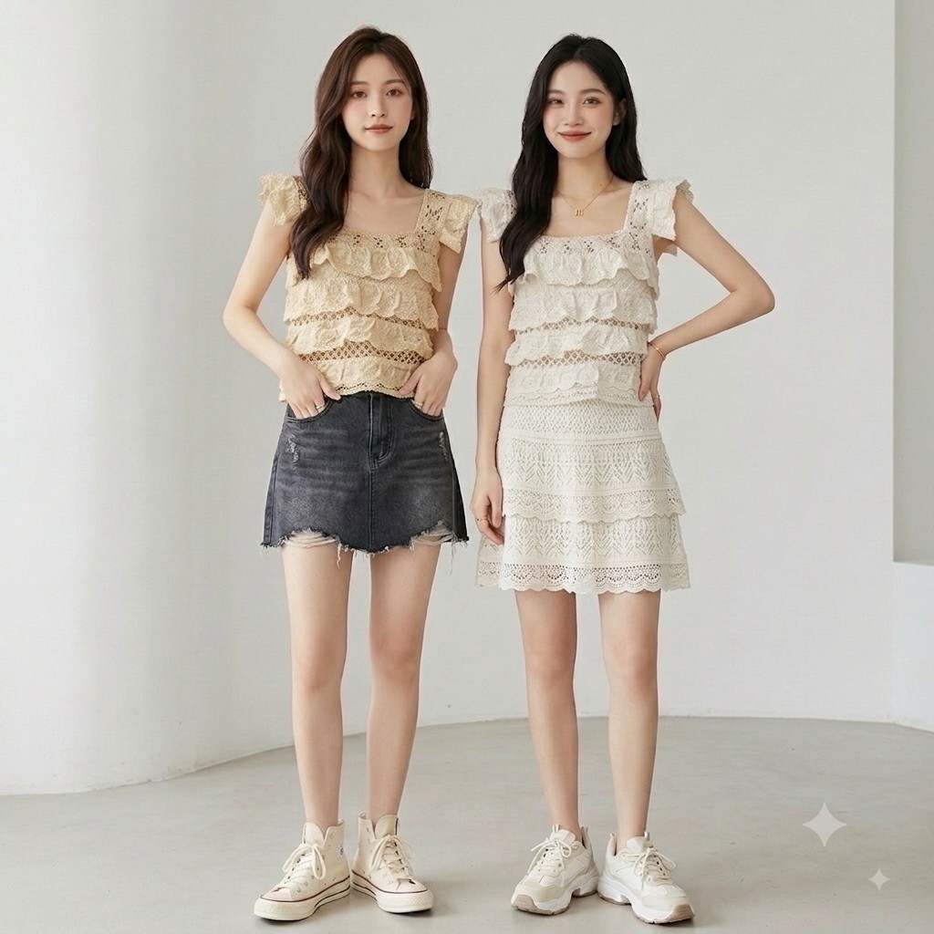 เสื้อถักลูกไม้คอเหลี่ยมแขนกุดแต่งระบายเลเยอร์เป็นชั้นๆ