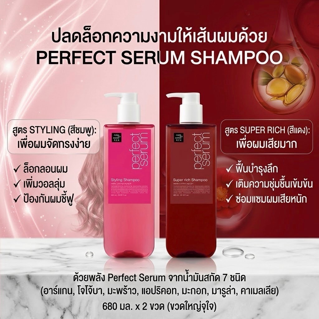 สินค้าใหม่ exp2028Mise En Scène Perfect Serum Shampoo 680ml (สูตร Styling / Super Rich)แชมพูเซรั่มบำรุงผมล้ำลึกจากเกาหลี