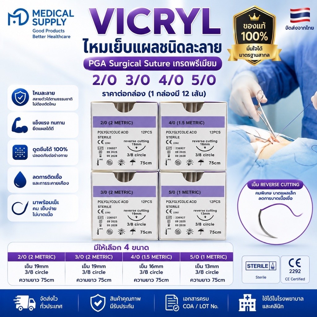VICRYL ไหมละลาย 2/0 3/0 4/0 5/0 ไหมเย็บแผลชนิดละลาย PGA Surgical Suture เกรดพรีเมียม (1 กล่องมี 12 เ