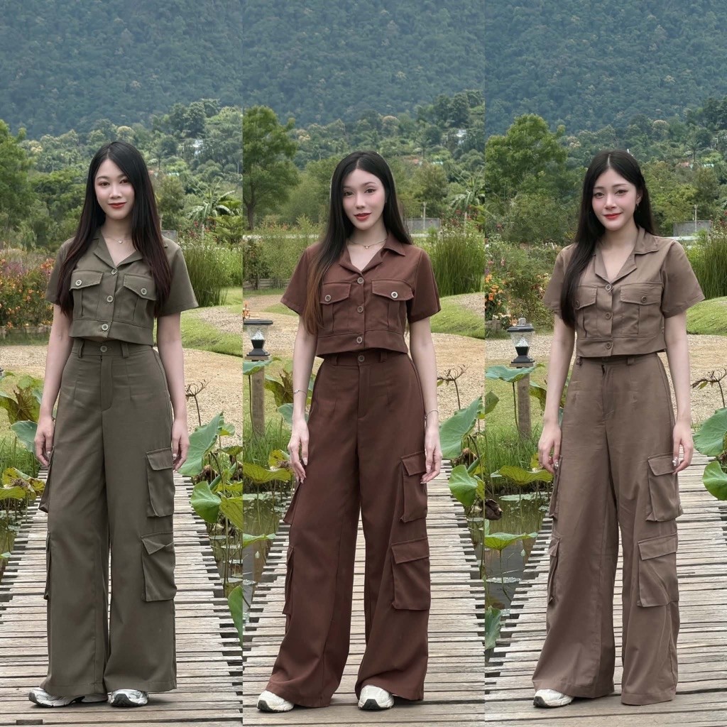 LANTA -รหัสLT0009 ชุดเซตเดินป่า เสื้อครอปแต่งกระเป๋าคู่ กางเกงคาร์โกขายาวแต่งกระเป๋า4ใบ ผ้าฝ้าย รุ่น Camping
