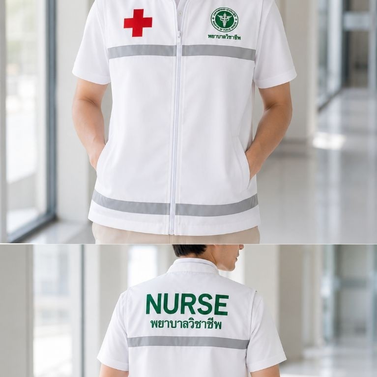 เสื้อกั๊กพยาบาลวิชาชีพ สีขาว พร้อมปักและเทปสะท้อนแสง งานโรงงานไทย
