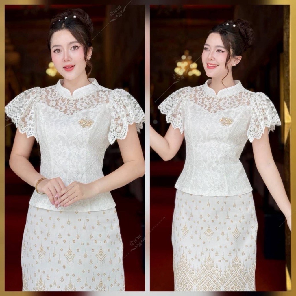 เสื้อลูกไม้คอจีนแขนระบายงานซิปหลัง มีอก34-44 งานสวยหรูใส่ได้ทุกโอกาส