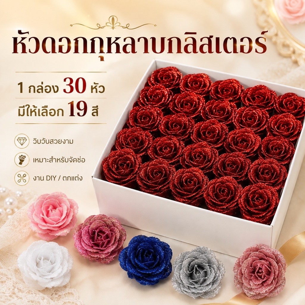 หัวดอกกุหลาบกลิตเตอร์ ดอกไม้ประดิษฐ์ แพ็ก 30 ดอก ไม่รวมก้าน เลือกสีสำหรับจัดช่อและตกแต่ง