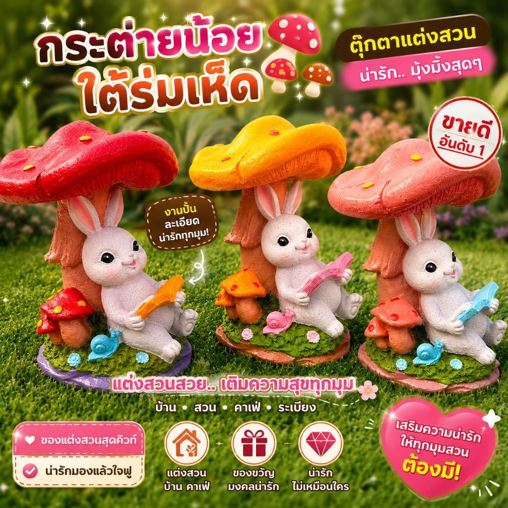 กระต่ายน้อยใต้ร่มเห็ด น่ารักสะดุดตา เติมเสน่ห์ให้ทุกมุมสวนตุ๊กตากระต่ายน้อยงานปั้นสีสันสดใส คู่ร่มเห็ดสุดน่ารัก