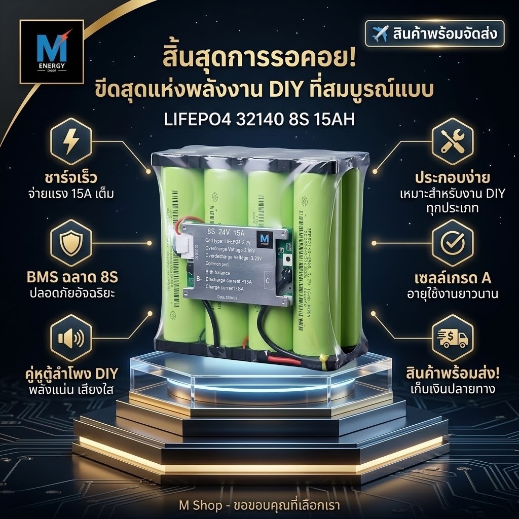 แบตเตอรี่ Lifepo4 32140 8s 15ah สำหรับลำโพงบลูทูธ และงาน DIY พร้อมที่ชาร์จ 5 ah