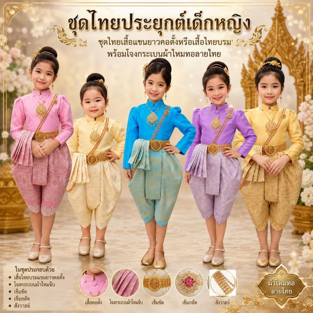 ชุดไทยประยุกต์เด็กหญิง ชุดไทยเสื้อแขนยาวคอตั้ง พร้อมโจงกระเบนผ้าไหมทอลายไทย ชุดไทยเด็กวันลอยกระทง ชุดไทยใส่ประกวด