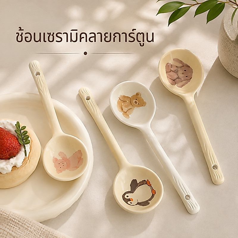 ช้อนซุป แบบสุ่มลาย ช้อนเซรามิคลายการ์ตูนน่ารัก ช้อนซุป ช้อนขนม สไตล์เกาหลี Cute Ceramic Spoon ลายสัตว์มินิมอล