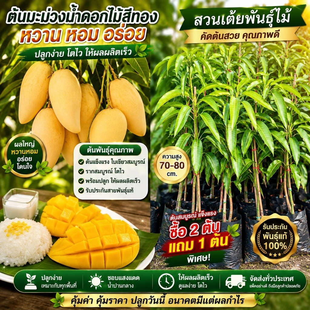 ต้นมะม่วงนํ้าดอกไม้สีทองทวาย กิ่งทาบขนาด70-80cm พร้อมรับประกันพันธุ์เเท้ ออกลูกเร็ว