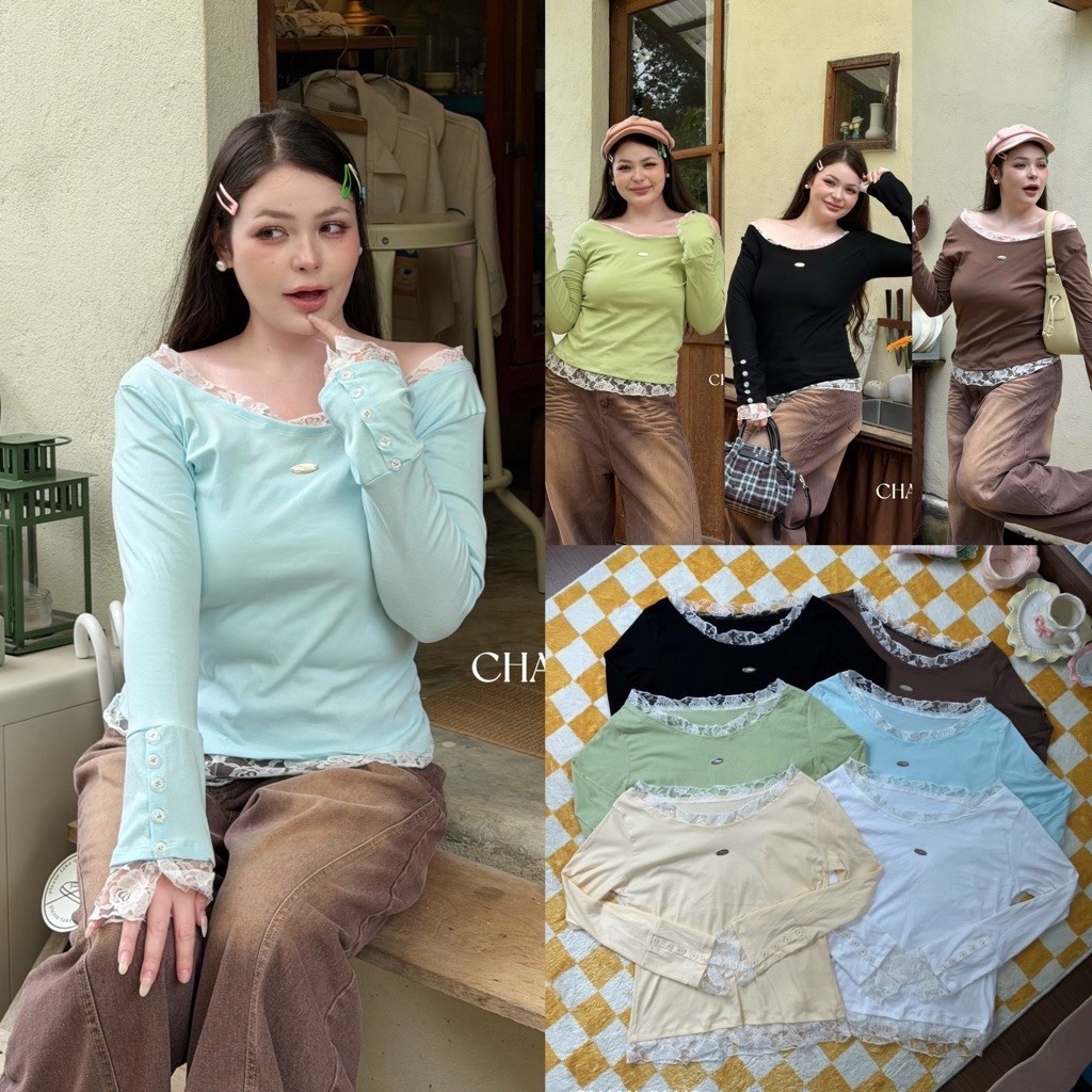 (LD) Daisy lace top เสื้อครอปแขนยาว ปาดไหล่ แต่งลูกไม้ตามตัว สวย โซ๊ะมาก เสื้อผ้าสาวอวบอ้วน พลัสไซส์ ไซส์ใหญ่