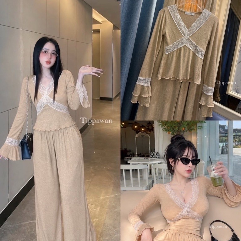 hmwe shop Set สุดคุ้มงานเสื้อแขนยาวแต่งลูกไม้ พร้อมกางเกงขายาวผ้าดีมากๆชุดนี้ สวยปังสไตล์สาวเวียดนาม