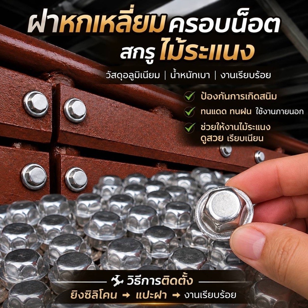 ฝาหกเหลี่ยมครอบหัวน็อตสกรูไม้ระเเนงรั่วหน้าบ้าน25ตัว50ตัว100ตัวสีเงินธรรมดา
