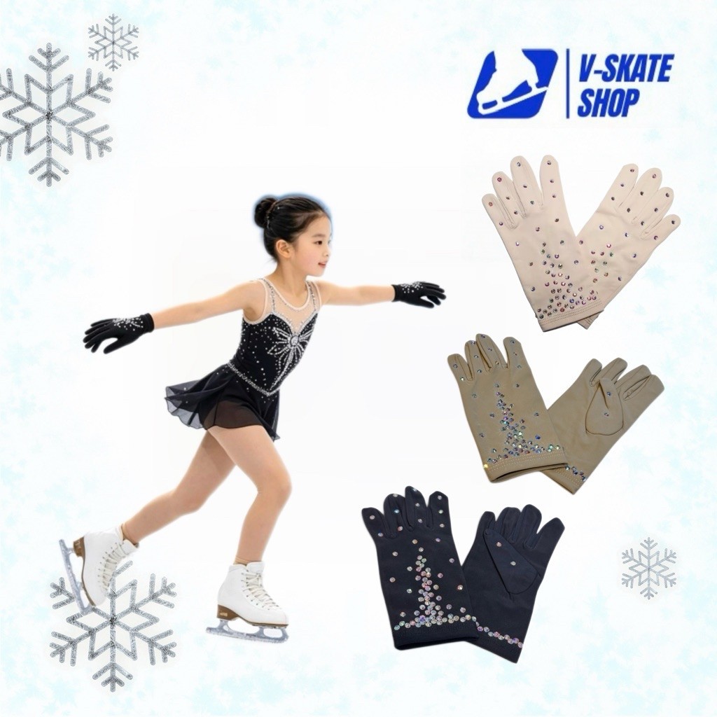 V-Skate ถุงมือฟิกเกอร์สเก็ต ถุงมือสเก็ตประดับคริสตัลสำหรับซ้อมและแข่งขัน บุขนบาง ยืดหยุ่น
