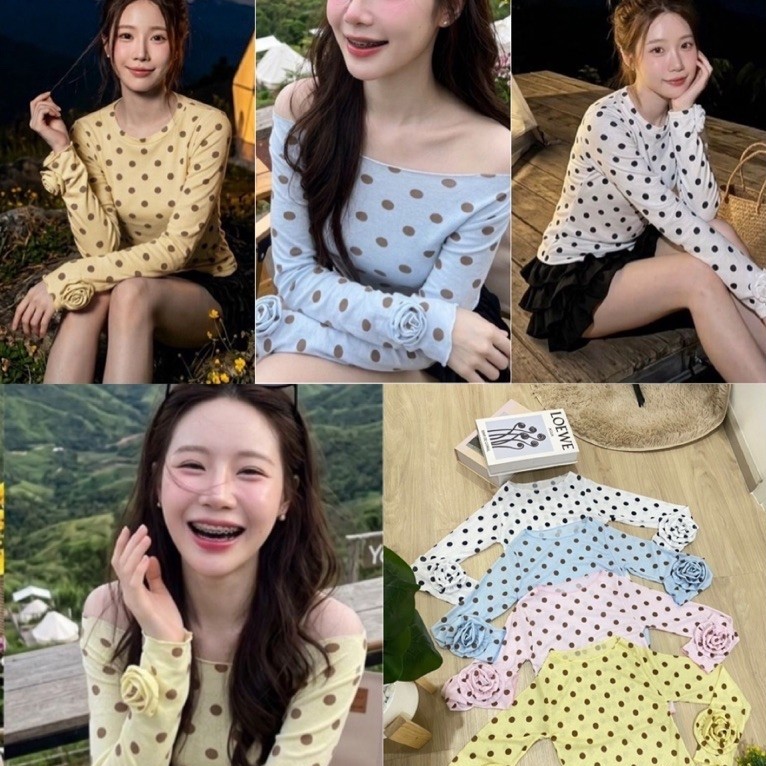 ShopBypuy เสื้อปาดไหล่แขนยาวลายจุดแต่งดอกกุหลาบ