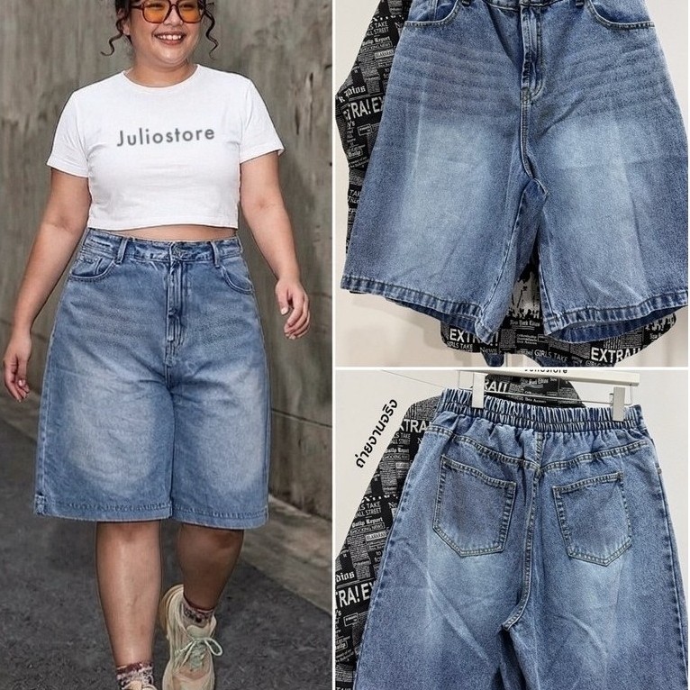 C080 กางเกงยีนส์ห้าส่วน สียีนส์อ่อนวินเทจแต่งเฟดอ่อน (Plus size)￼