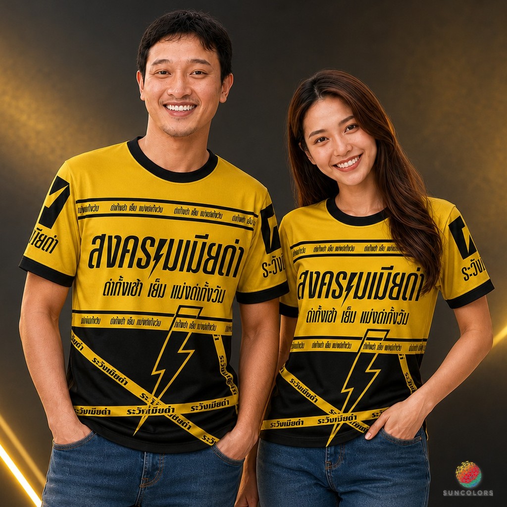 SUNCOLORS เสื้อกีฬาพิมพ์ลายสงครามเมียด่า แขนสั้น คอกลม สีเหลืองดำ ไมโครโพลีเอสเตอร์ S-3XL