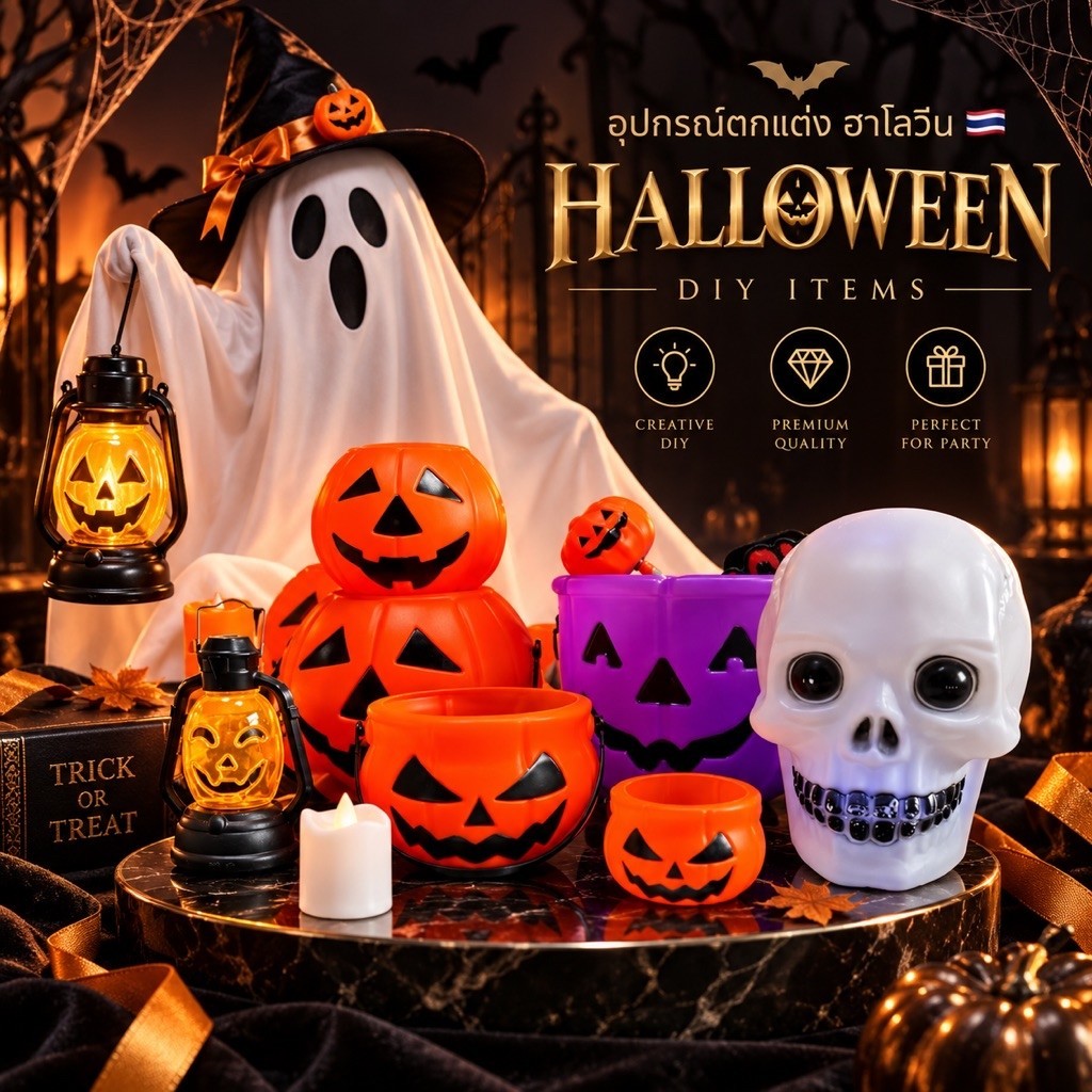 พร้อมส่ง ถังฟักทอง ฮาโลวีน Pumkin Bucket for Halloween งานปาร์ตี้ หมวก ไม้ยมฑูต งานโรงเรียน miniso ขวาน ชุดผี trick