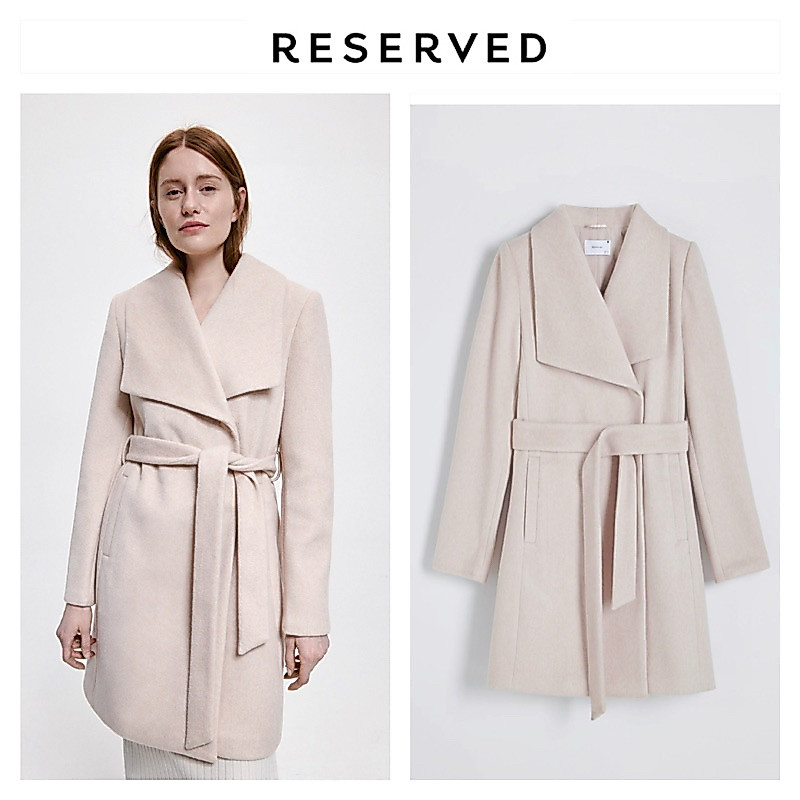 โค้ทสีเบจ เสื้อโค้ท OVERCOAT โค้ทวูลกันหนาว โค้ทยาว trench coat สีเบจอ่อน แบรนด์ RESERVED แท้ % (WY1060)