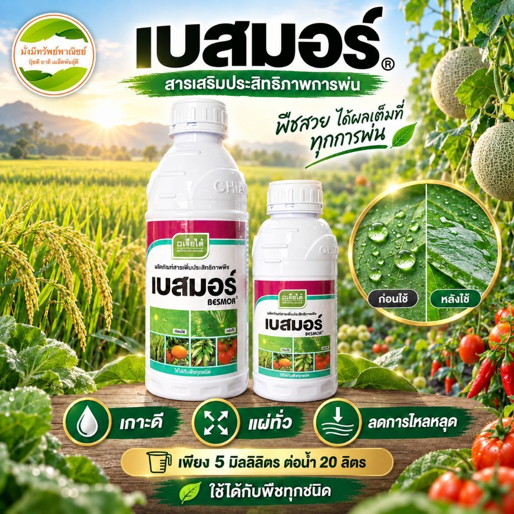 เบสมอร์® เจียไต๋ สารจับใบ เกาะดี แผ่ทั่ว ลดการไหลหลุด ใช้เพียง 5 มล. ต่อน้ำ 20 ลิตร