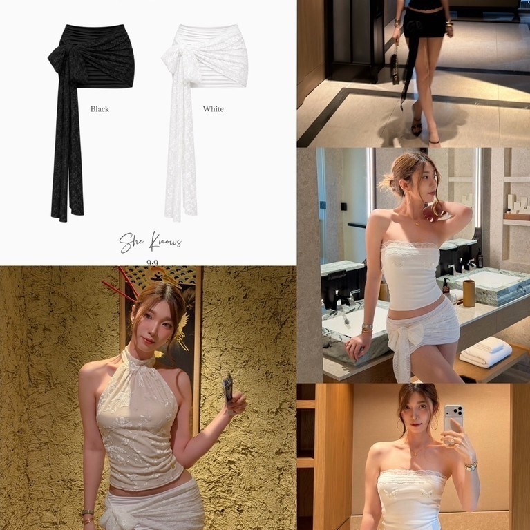 Katherine skirt 790.- กระโปรงสั้นทรงเข้ารูป แต่งผ้าลูกไม้ผูกโบว์