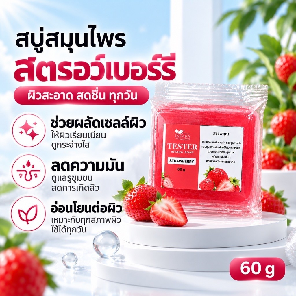 เทสสบู่หน้าใส กลิ่นสตอเบอร์รี่ ใส,ขุ่น ขนาด 60กรัม