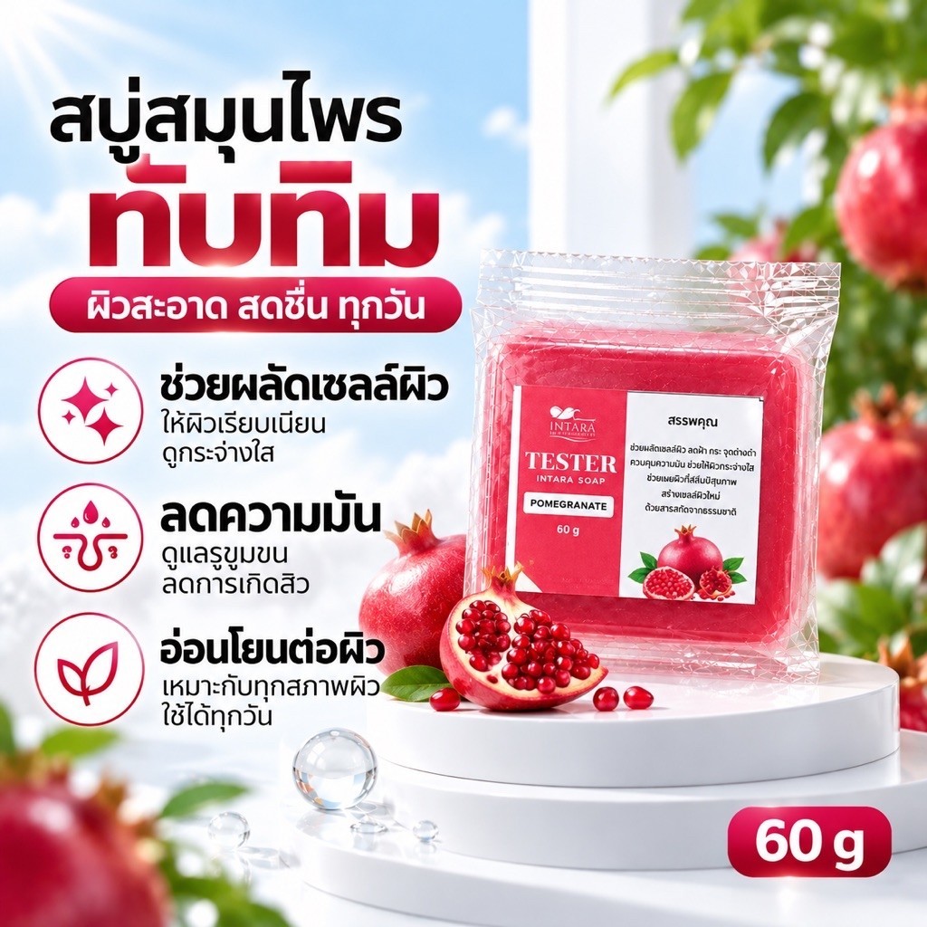 เทสสบู่หน้าใส กลิ่นทับทิม ใส,ขุ่น ขนาด 60กรัม