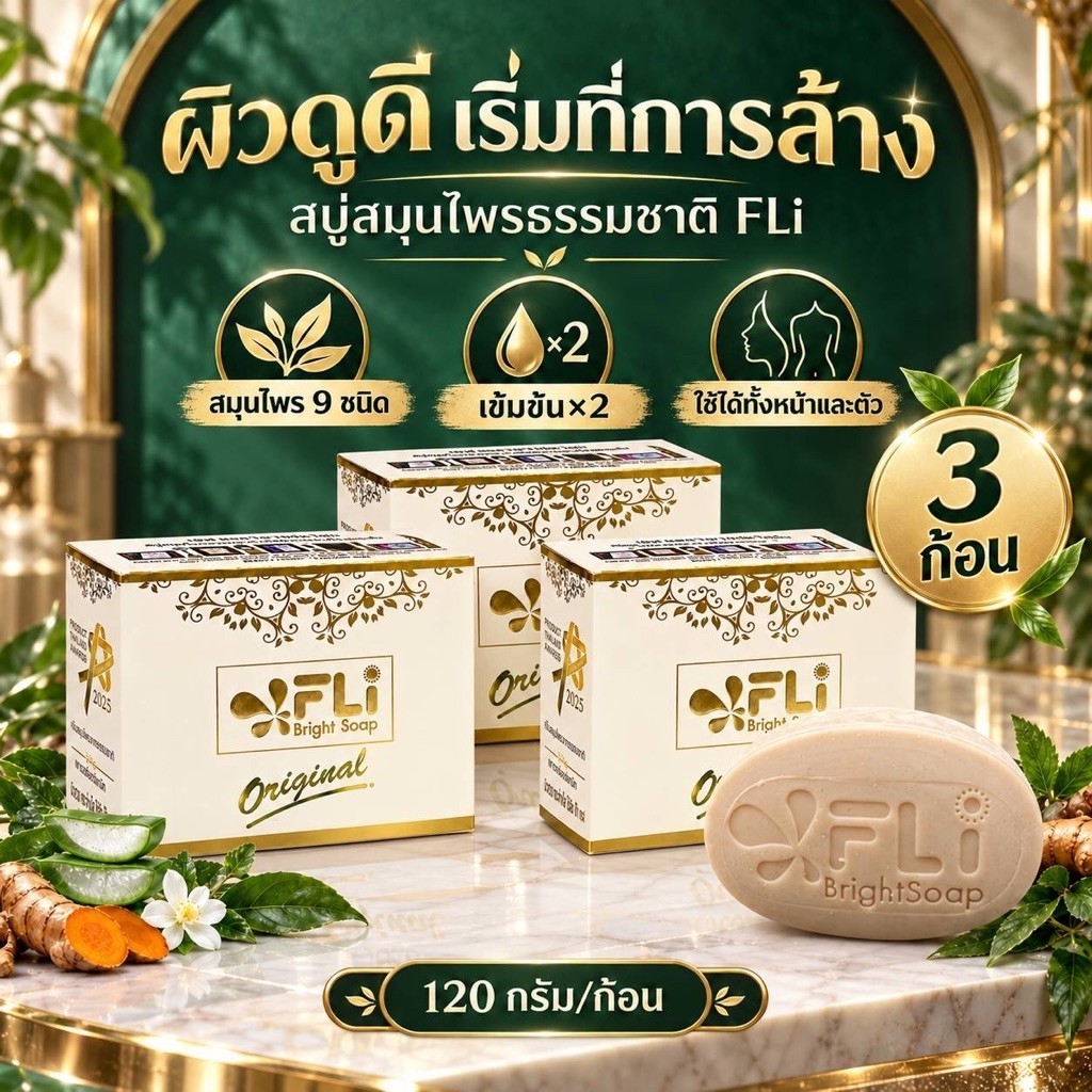 ของแท้ รับตรงจากบริษัท FLI Bright Soap สบู่สมุนไพร สูตรเข้มข้น2 ขนาด120กรัมใช้ได้ทั้งหน้า ตัว และผม |3ก้อนใหญ่|
