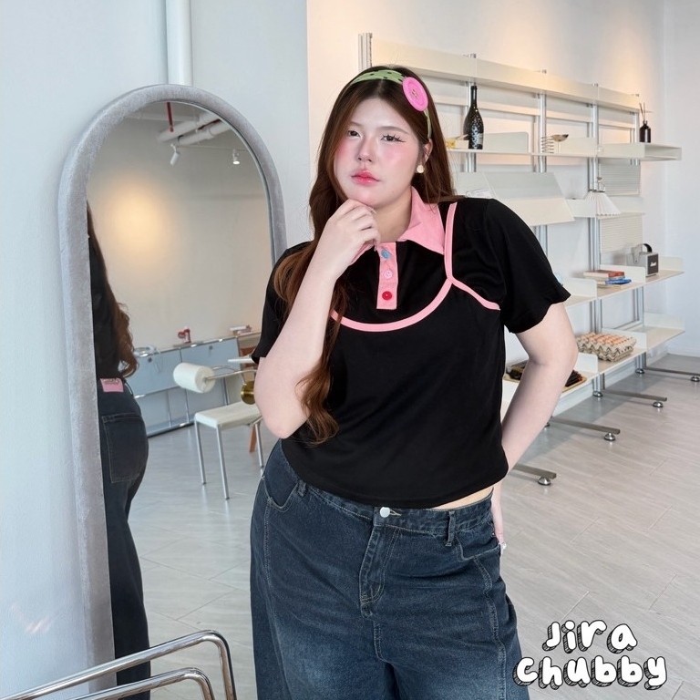 Chubby jira เสื้อคอปกงานผ้ายูนิโคล่ ตัวเสื้อทำดีเทลเสื้อ2ชิ้น